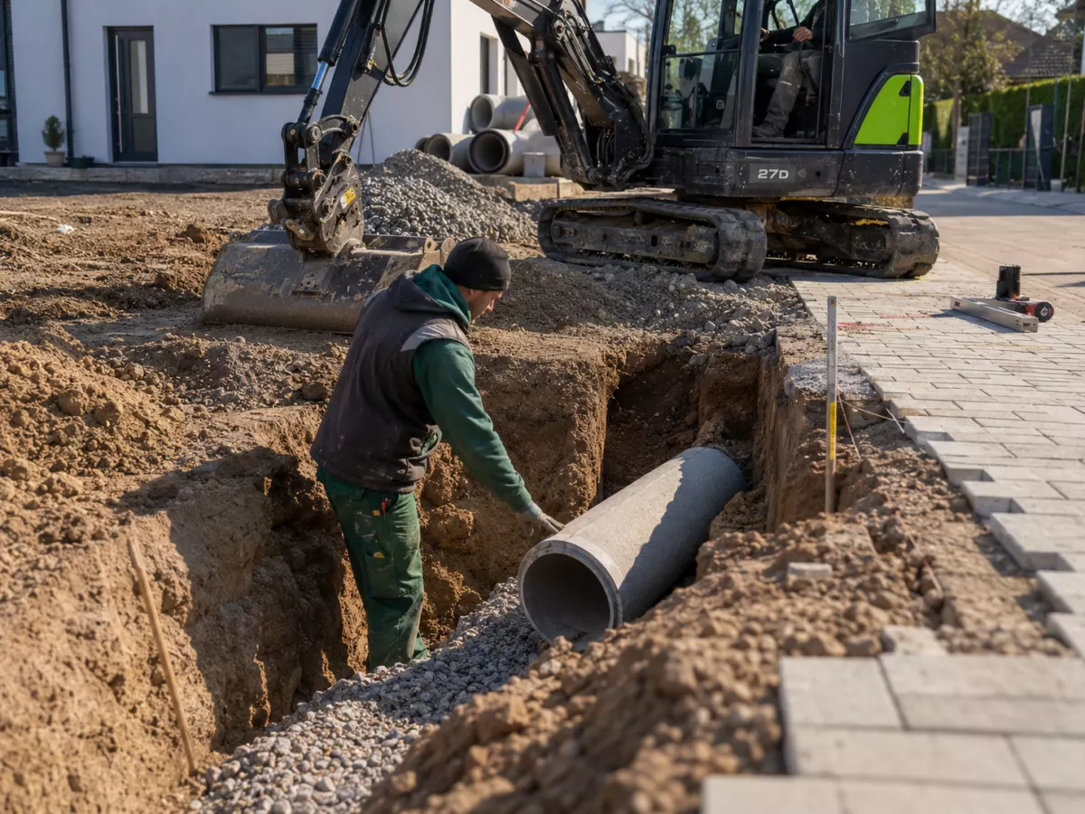 Rohrverlegung im Graben bei Tiefbauarbeiten von MH BauPlus+.