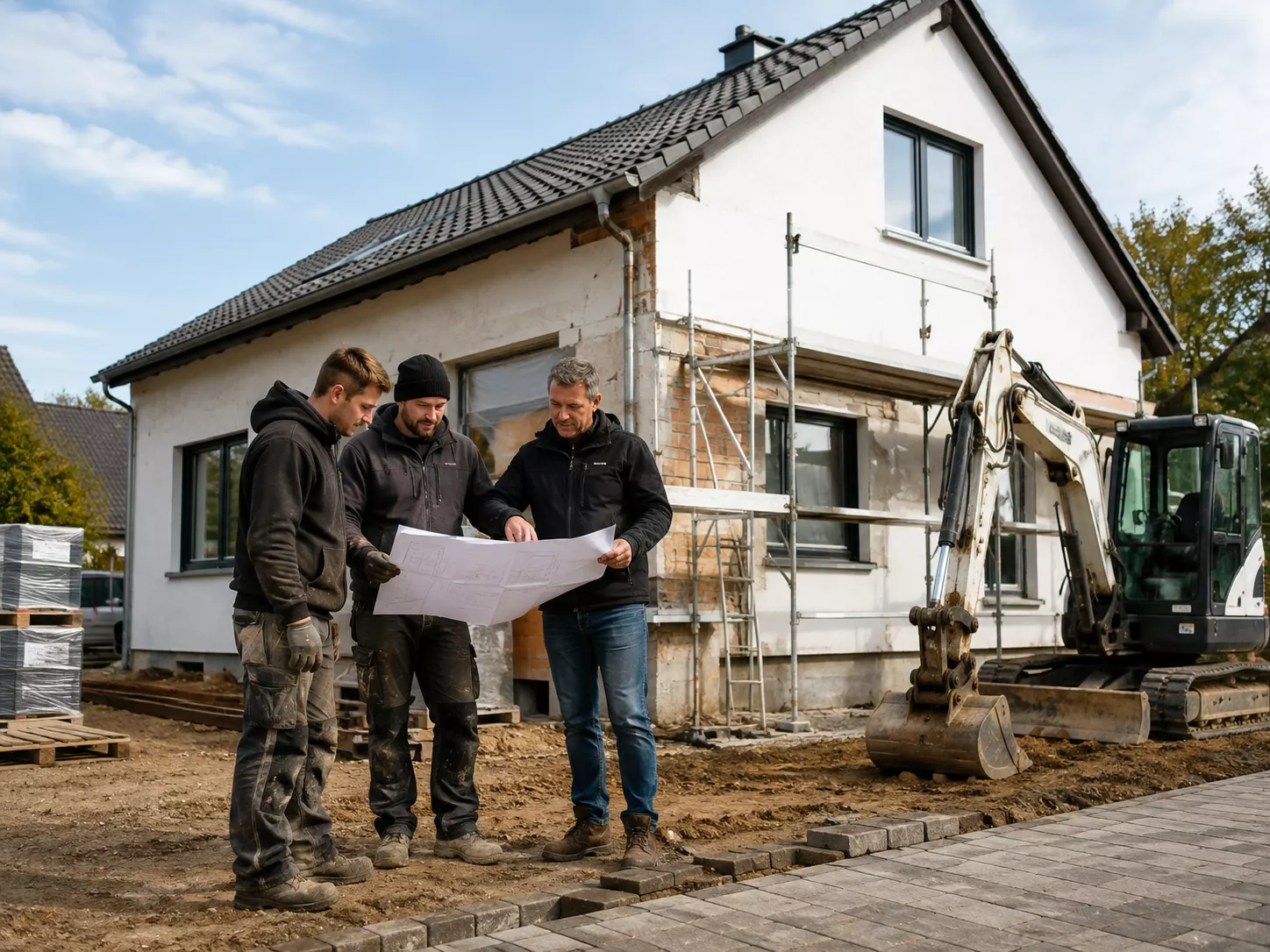 Bauarbeiter besprechen Baupläne auf einer Baustelle von MH BauPlus+ in Leverkusen.